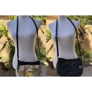 Brighton Reversible Tapestry Leather Crossbody Bag Heart Charm Floral Boho Vtg